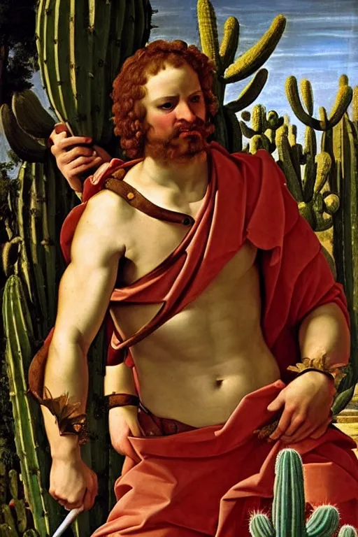 Image similar to renaissance painting of evil men, portrait, face closeup, emotions closeup, dressed in spartan armour, the beautiful garden with cactus bush everywhere, ultra detailed, art by guido reni style, vincenzo catena style