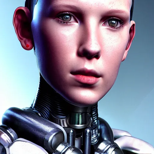 Image similar to Portrait of cyborg Millie Bobby Brown by Yoji Shinkawa, octane render