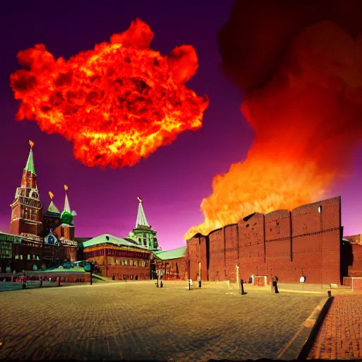 Image similar to high quality photo of Red Square with flames and mushroom cloud on background, highly detailed, 8k, professional