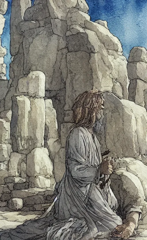 Image similar to a realistic and atmospheric watercolor fantasy concept art of giant monk in grey robes sitting in stonehenge. in the foreground a small female medieval monk in grey robes is kneeling with her hands by her sides. by rebecca guay, michael kaluta, charles vess