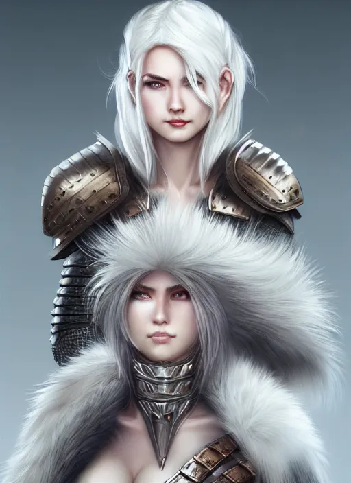 Image similar to warrior, fur leather armor!!! beautiful and elegant white hair female!! gorgeous ayes!! character concept art, sharp focus, octane render! unreal engine 5! highly rendered!! trending on artstation!! detailed linework!! illustration by artgerm, wlop, and chie yoshii