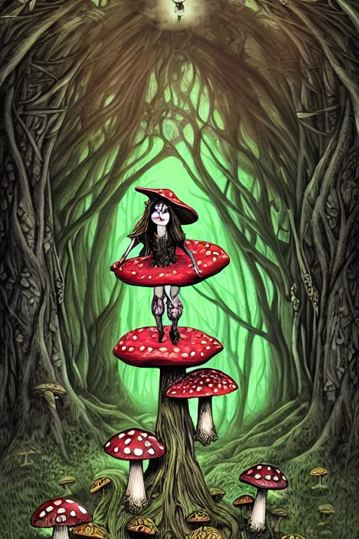 Image similar to a beautiful witch sitting on a toadstool in a forest, skulls and mushrooms, fantasy graphic novel style, by wendy pini, intricate, very fine inking lines, extremely detailed, 4k, hd