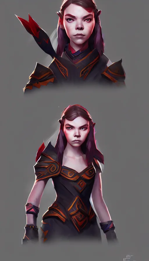 Image similar to portrait of anya taylor - joy as dota 2 game character, symmetrical, dota 2 concept art, character design by moby francke and drew wolf, artstation trending, sense of awe