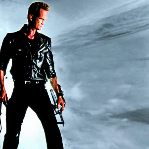 Prompt: neil patrick harris as the terminator, 4 k hd film still, terminator, red eye, cyborg