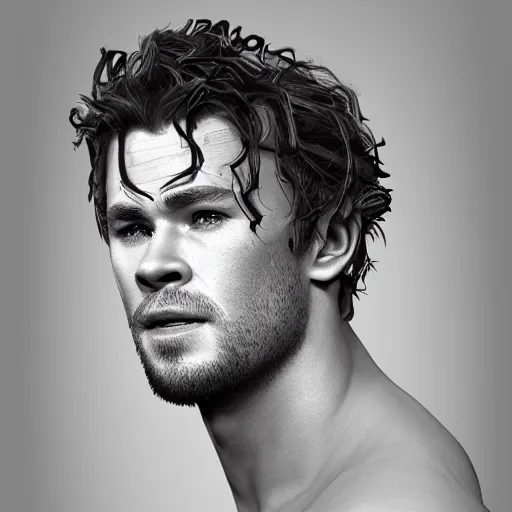 Image similar to Chris Hemsworth and Robert Sheehan crossbreed, rendered in 3D by Xie Boli, trending on artstation, 4k, 8k, photorealistic imagery, photorealistic details, intricate, highly detailed