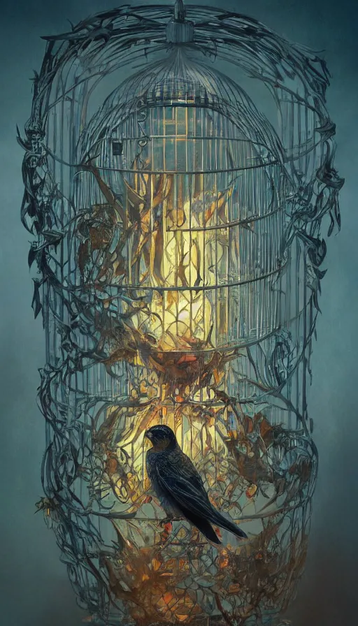 Image similar to bird in a cage, fame of thrones, lord of daggers, neon, fibonacci, sweat drops, insane, intricate, highly detailed, digital painting, artstation, concept art, smooth, sharp focus, illustration, Unreal Engine 5, 8K, art by artgerm and greg rutkowski and alphonse mucha