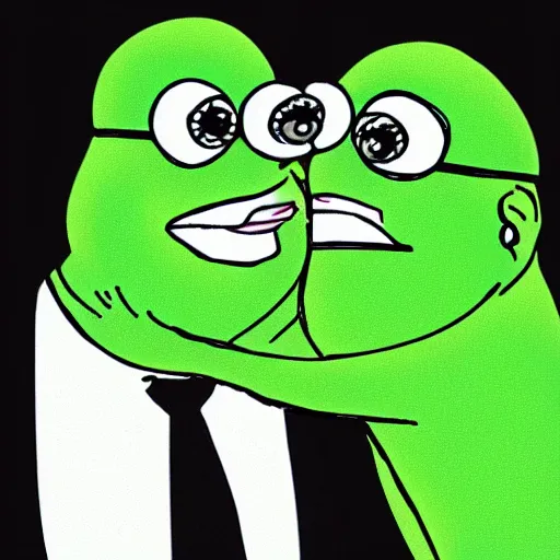 Prompt: super rich pepe hugging each other