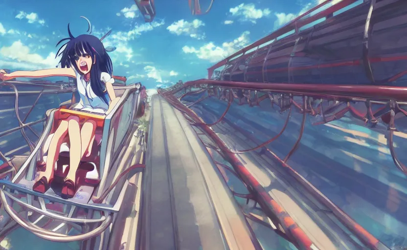 Image similar to An anime girl riding a roller coaster, screaming with excitement, anime scenery by Makoto Shinkai, digital art