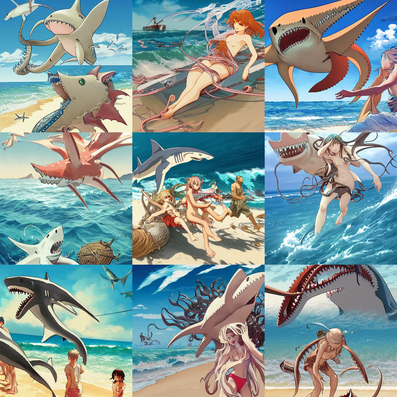 Prompt: Beachgoers fleeing in terror as a Sharktopus emerges from the ocean, detailed, artstation, digital illustration, by Kyoto Animation and Studio Ghibli, by Range Murata and Alphonse Mucha