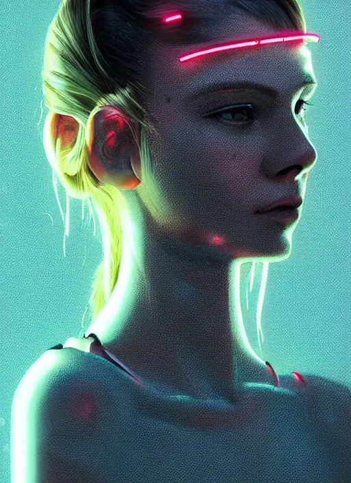 Prompt: an european female humanoid with freckle cheeks, braided hairstyle, cyber neon lighting, futurism, cyberpunk high fashion, glamor profile pose, photorealistic, intricate jewelry details, crispy quality, digital photography, trending in artstation, trending in pinterest, cinematic, 4 k ultra hd, art by artgerm, art by greg rutkowski, art by pascal blanche,