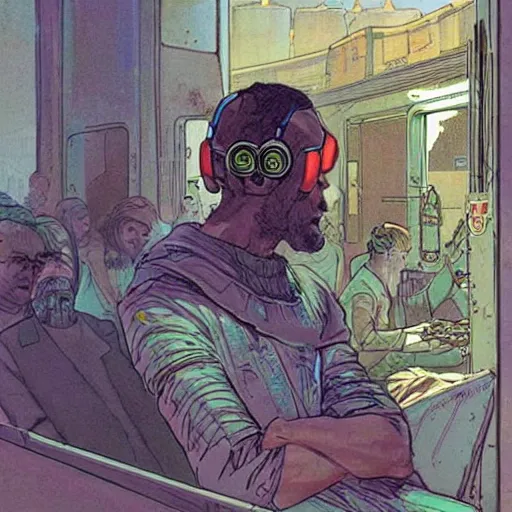 Image similar to Hosea the Beggar priest with cybernetic headset in a busy spaceport on Poseidon 5 colony. Gritty Concept art by James Gurney and Mœbius.