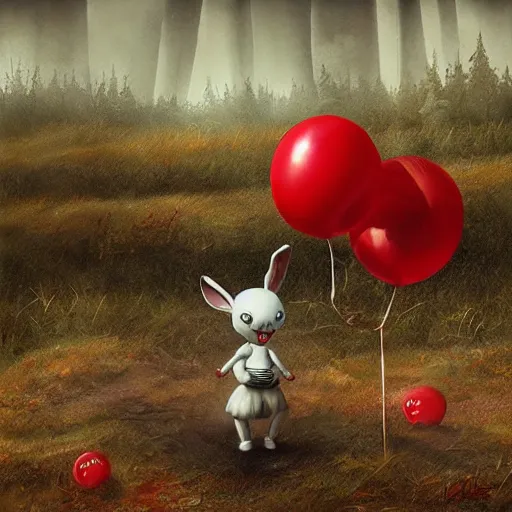 Prompt: grunge surrealism cartoon landscape painting of a cartoon bunny and a red balloon by - michal karcz, loony toons style, pennywise style, horror theme, detailed, elegant, intricate