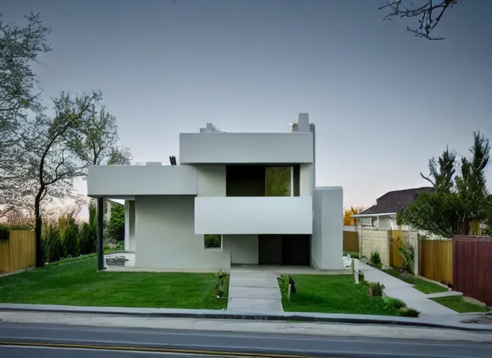 Prompt: a surrealist house design that makes no sense, peaceful suburban scene