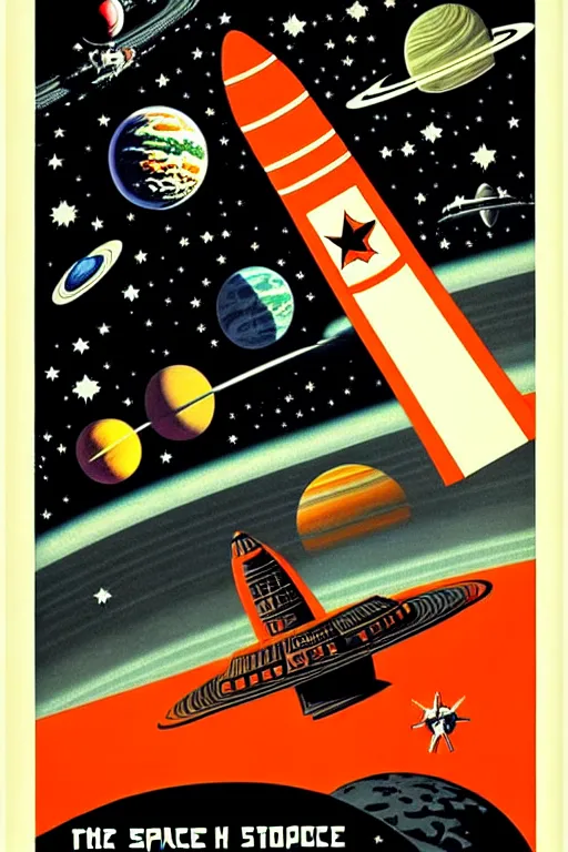 Image similar to space, spaceship, ussr poster, art by grewski