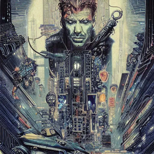 Image similar to portrait of crazy blade runner, symmetrical, by yoichi hatakenaka, masamune shirow, josan gonzales and dan mumford, ayami kojima, takato yamamoto, barclay shaw, karol bak, yukito kishiro