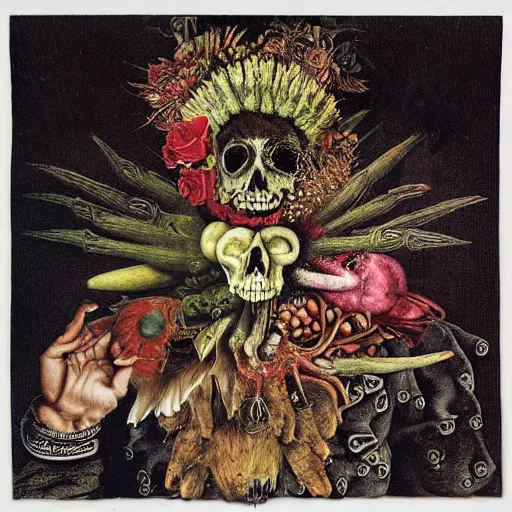 Prompt: punk album cover, blank banner on top, psychedelic, giuseppe arcimboldo
