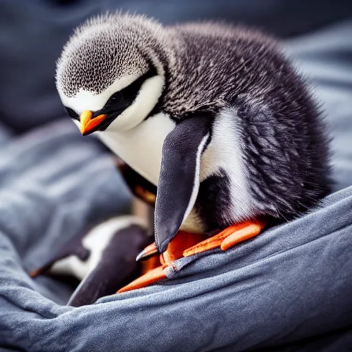 Image similar to baby penguin cuddling in a cosy bed