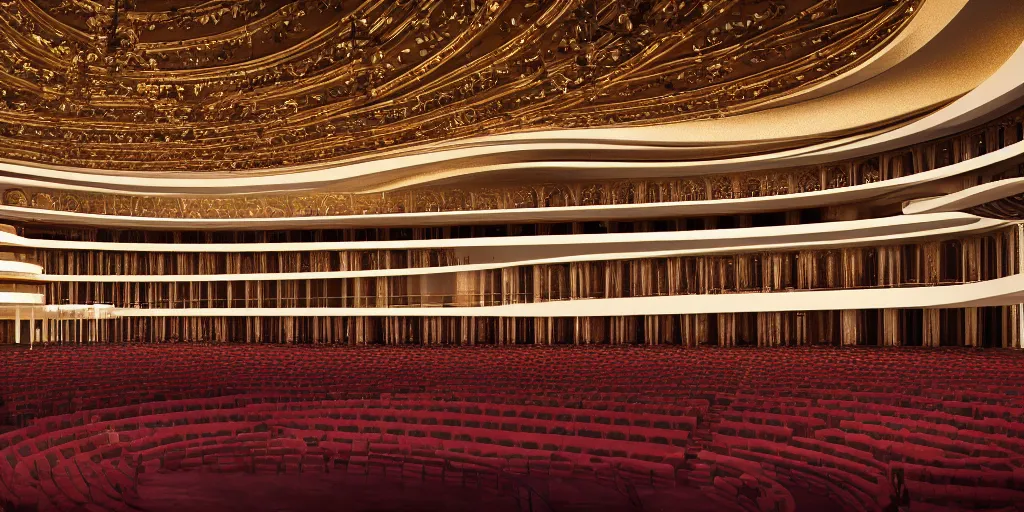 Image similar to interior view of an elaborate and opulent modern opera house, 4k octane render, detailed, extreme detail, cinematic, soft lighting, vfx