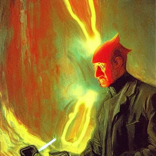 Image similar to A digital art. A rip in spacetime. Did this device in his hand open a portal to another dimension or reality?! cardinal by Harriet Backer, by Simon Bisley straight, sinister