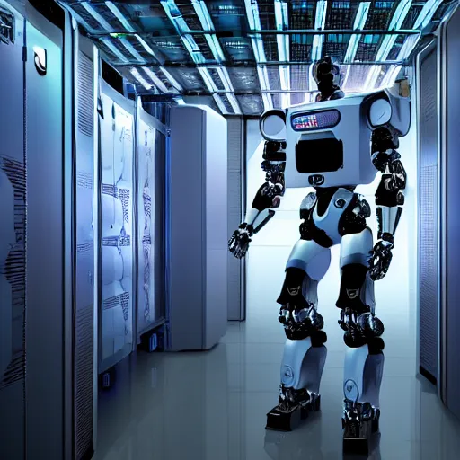 Image similar to a digital art of robot power armor in server room in style of space odyssey character design, robot in data center, trending on artstation, 8 k, ultra wide angle, zenith view, pincushion lens effect