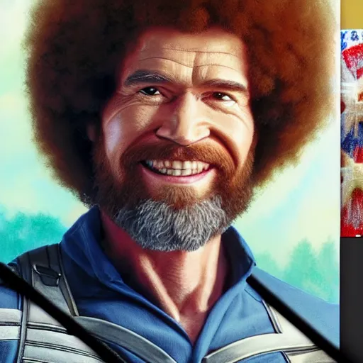 Image similar to a closeup photorealistic photograph of bob ross working on a canvas painting of captain america. happy trees, mountain scape. film still. brightly lit scene. this 4 k hd image is trending on artstation, featured on behance, well - rendered, extra crisp, features intricate detail, epic composition and the style of unreal engine.