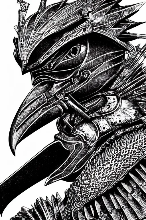 Image similar to armoured warrior, long beak, crows feet, symmetrical, highly detailed, digital art, crow themed armour, sharp focus, trending on art station, kentaro miura manga art style