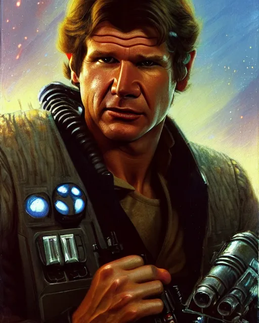 Image similar to character portrait closeup 4 0 years old han solo harrison ford cyberpunk starcraft terran warhammer 4 0 k space marine, confident, character design, painting by gaston bussiere, ralph mcquarrie, katsuya terada, frank frazetta, tom of finland, trending on artstation