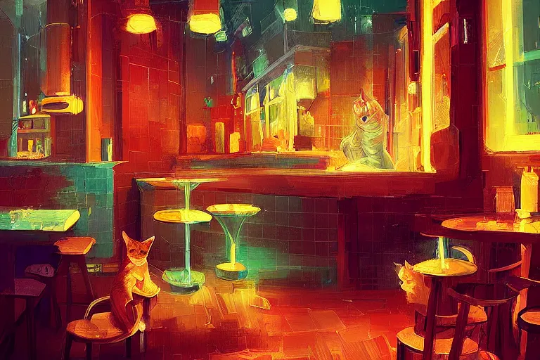 Prompt: a digital art of close up of a cat sits on a chair in a bar, animal, cute, light effect, highly detailed, by anton fadeev