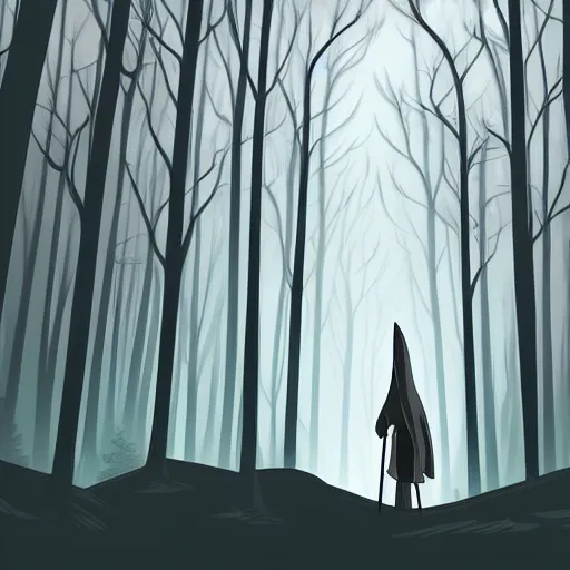 Prompt: a close shot of a grim reaper standing in a forest by studio ghibli, detailed, gloomy, digital art,