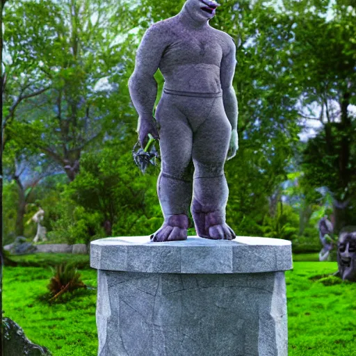 Prompt: a grandiose stone statue monument for shrek, fantasy illustration