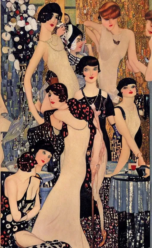 Image similar to an oil painting of jazz age high society life, 1920s style, dressed in 1920s fashion, smooth, highly detailed, high contrast, by Klimt, Coles Phillips, Dean Cornwell, JC Leyendecker, 8K