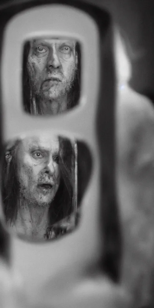 Prompt: cult leader looking in mirror, centered on camera, film still from horror documentary movie, 4k