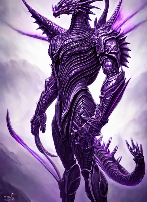 Image similar to muscular and tall purple ghostly fire humanoid dragon!!!! draconian!! intricate ornate iridescent heavy armor!! character concept art, sharp focus, octane render! unreal engine 5! highly rendered!! trending on artstation!! detailed linework!! illustration by artgerm, wlop, and chie yoshii