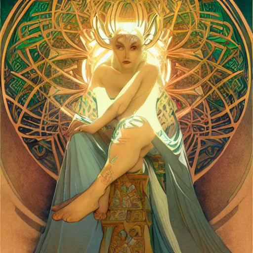 Prompt: deco art, goddess, taoism, garce, elgent, fantasy, line art, rimming light, medium shot, artgerm lau, greg rutkowski, alphonse mucha