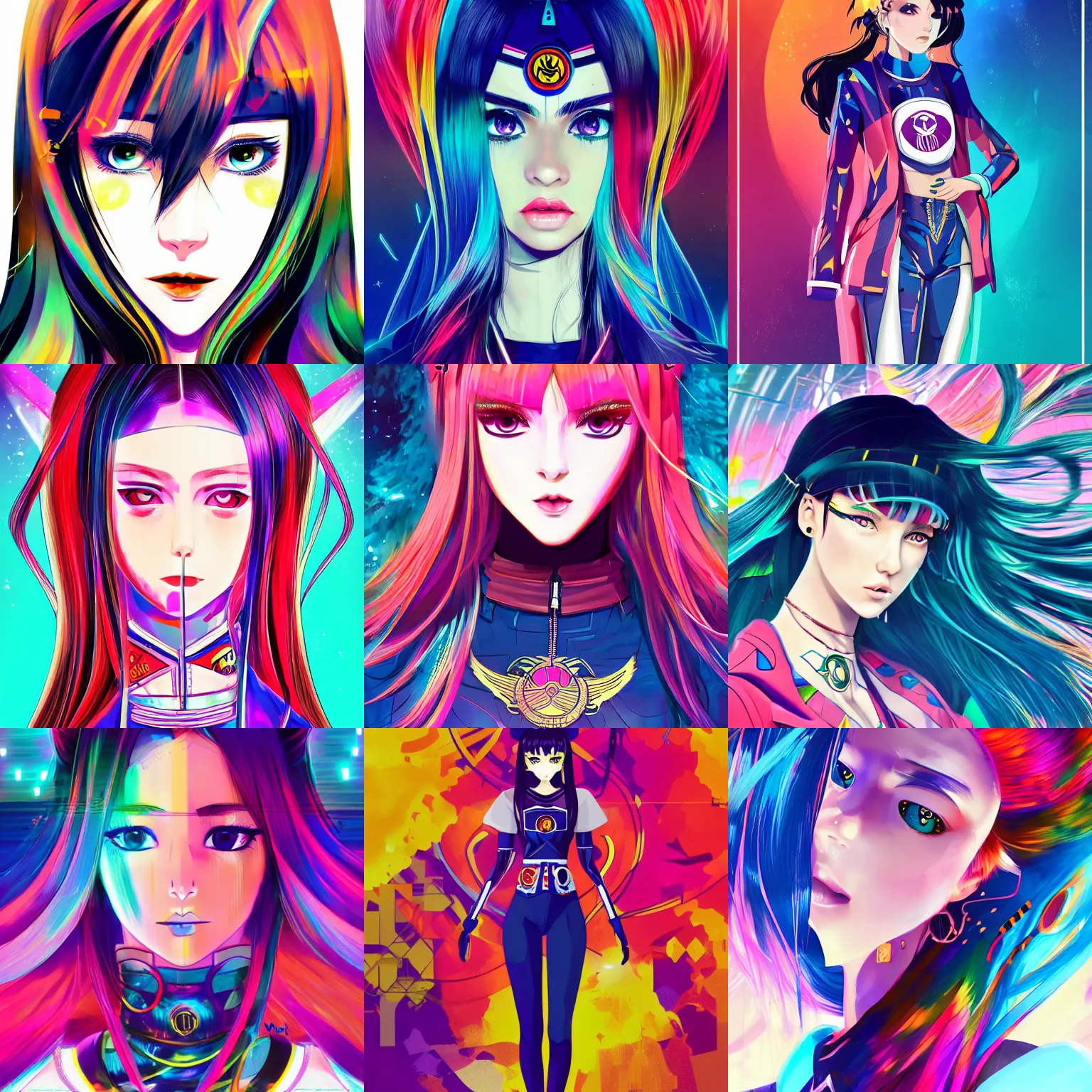 Prompt: poster woman with futuristic streetwear and long hair, colourful, pretty face, intricate eyes, elegant, Anime by Roset Conrad, Kuvshinov Ilya and Sailor Moon 4k, HDR, Graphic Design, Behance Trending on artstation, award winning