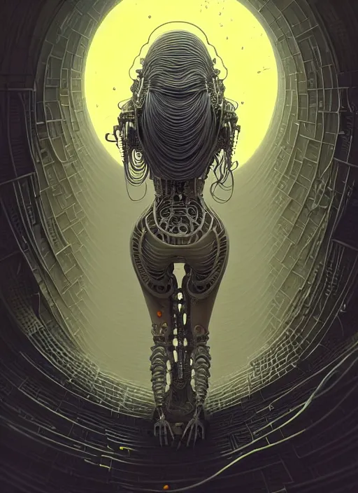 Image similar to highly detailed portrait of a biomechanical long curly white hair tribal lady, stray wiring by atey ghailan, james gilleard, by joe fenton, by greg rutkowski, by greg tocchini, by kaethe butcher, 4 k resolution, gradient yellow, black and white color scheme!!! ( ( dystopian robotic tessellating pyramid pouring sandfall background ) )