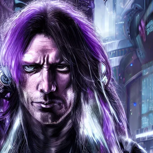 Prompt: long haired man with extremely large and intricate eye cyberpunk bionics with angry purple eyes and slim features looking askance,