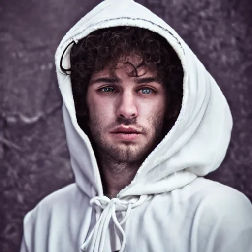 Prompt: professional close - up portrait photograph of a bohemian jewish prophet in his 2 0 s wearing a white hooded wizards robe. cinematic, epic framing, deep emotion. game if thrones character.