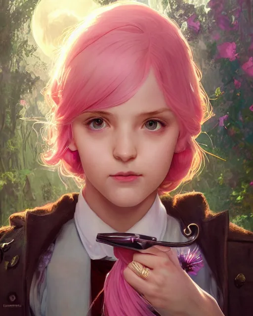 Prompt: portrait of an innocent lost college girl with pink hair, magic school uniform, fantasy building, intricate, sharp focus, lens flare, bloom, rim light, illustration, highly detailed, digital painting, concept art, matte, art by wlop and artgerm and greg rutkowski and alphonse mucha, masterpiece