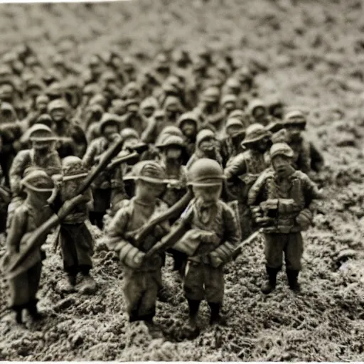 Prompt: photo of tiny soldiers during a war, 35mm
