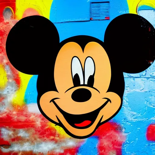 Image similar to animatronic mickey mouse head, graffiti, time shift, mesh distortion, warped, wet, melting, mutating, radiant alien