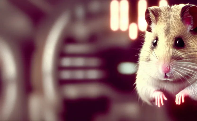 Image similar to hamster princess leia, movie still, star wars, cinematic, sharp focus, cinematic grain, cinematic lighting, 8 k