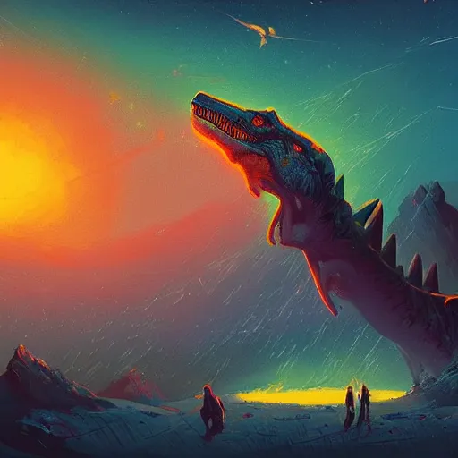 Prompt: the extinction of dinosaurs by a nuclear explosion, high fantasy, magical, mythical, digital art, trending on artstation, by alena aenami, by petros afshar, by anton fadeev, by anato finnstark