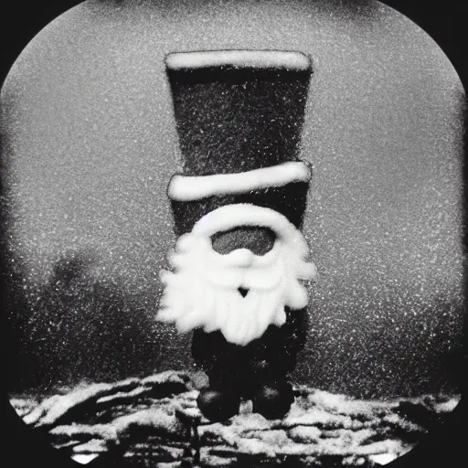 Image similar to a grainy realistic photograph of santa ontop of a rooftop climbing down a chimney at night, shot on an old polaroid camera, grainy vhs texture 4 k, realistic, unreal engine 5, sharp details, 3 0 0 dpi