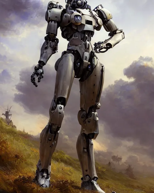 Image similar to daniel gerhartz and artgerm portrait digital rococo painting of a beautiful serious woman wearing a mecha suit, war torn battlefield in the background, glinting sunlight, unreal engine, hyper realism, realistic shading, cinematic composition, blender render, octane render, hdr, detailed textures, photorealistic, wide portrait shot, 3 5 mm film