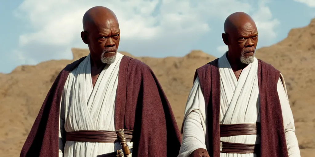 Prompt: obi - wan kenobi disney plus show, old mace windu played by samuel l jackson, standing alone, accurate ultra realistic faces, 4 k, movie still, uhd, sharp, detailed, cinematic, render, modern