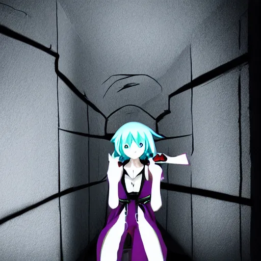 Prompt: miku peeking at you from behind a corner in a dark spooky hallway