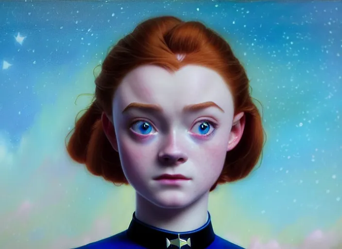 Image similar to a disney film still of sadie sink as a star trek officer, finely detailed features, closeup of the face, perfect art, dusk, blue hour, gapmoe yandere grimdark, trending on pixiv fanbox, painted by greg rutkowski, makoto shinkai, takashi takeuchi, alphonse mucha, akihiko yoshida