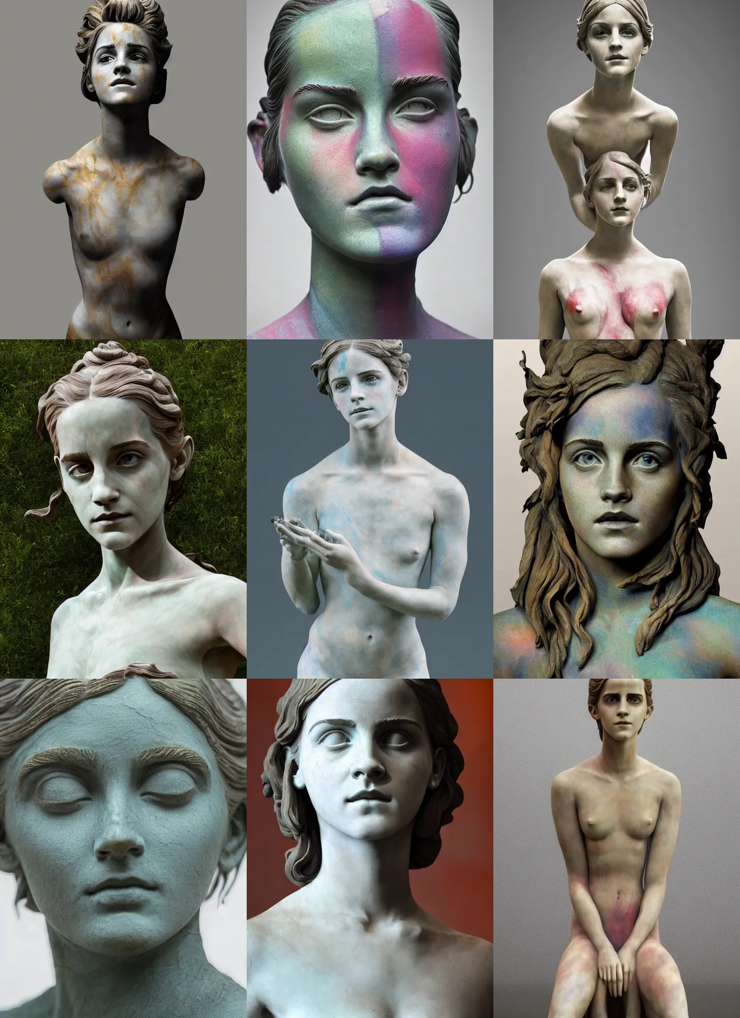 Prompt: sculpture statue of Emma Watson by Jean-Baptiste Carpeaux and Luo Li Rong and Michael James Talbot, all body, relax sitting pose, perfect symmetrical face, psychedelic colors, surrealistic, bodypaint, colored marble, in full growth, elegant, realistic, 8K, female full-skin figure, hyperrealism, subsurface scattering, raytracing, rim light, Octane Render, Redshift, Zbrush