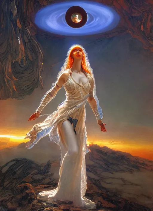 Image similar to biblical beautiful female druid android, bright glowing veins, in clouds, in front of a black hole, sunset, studio light, by mikhail vrubel, by gerald brom, by peter elson, muted colors, extreme detail, reflections, trending on artstation, 8 k